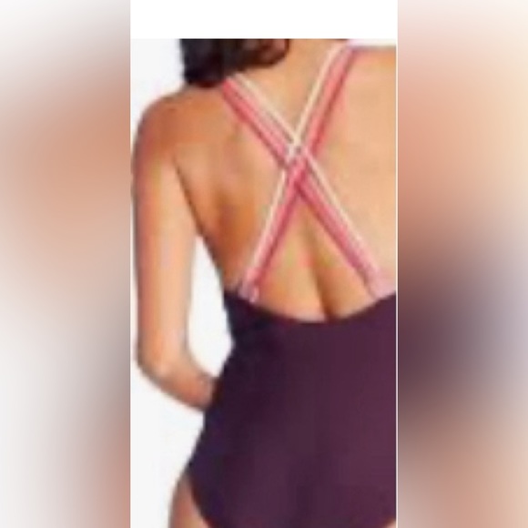 Kona Sol Macrame Straps High Coverage One Piece Swimsuit Burgundy Purple - Picture 3 of 7